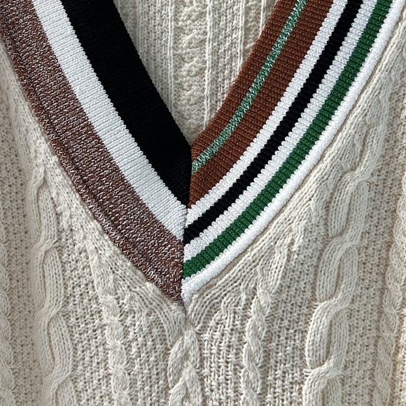Veronica Beard Cream V-Neck Sweater with Striped Trim - Picture 4 of 4